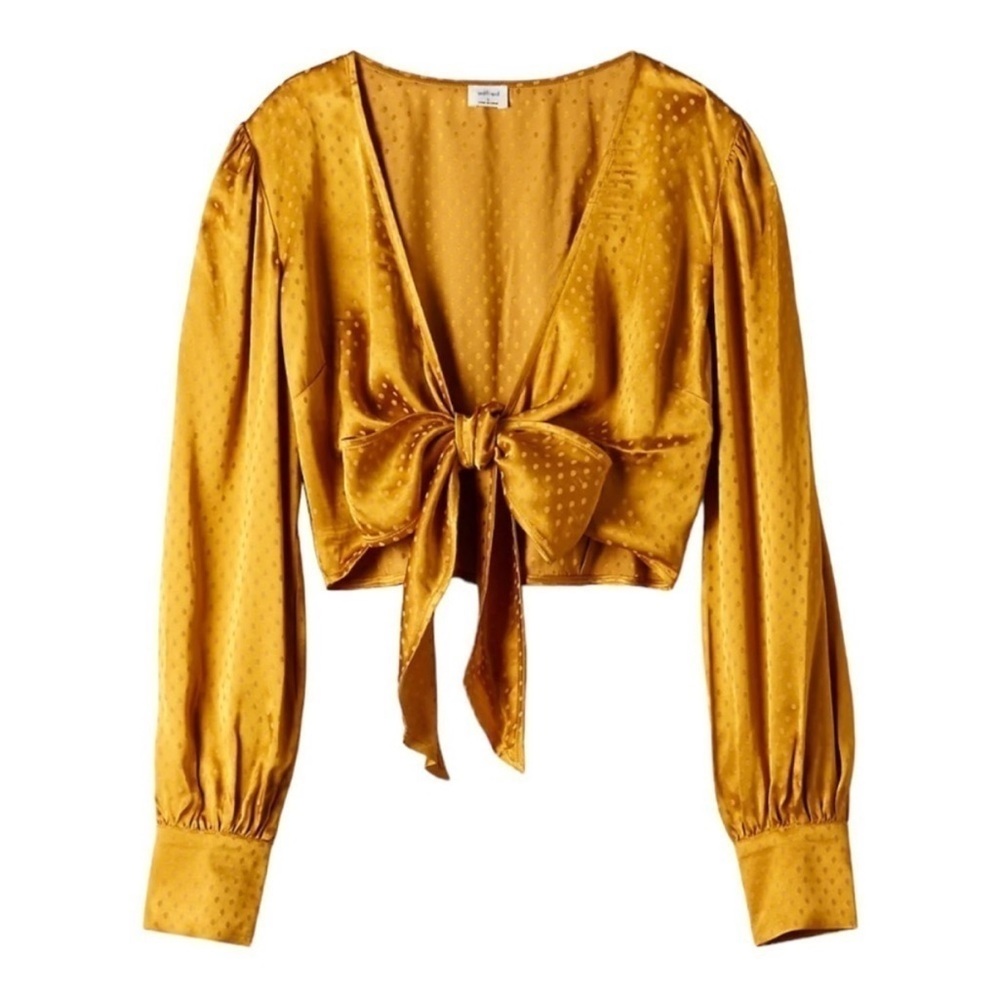 Aritzia Wilfred Mustard Tie-Front Satin Cropped Blouse